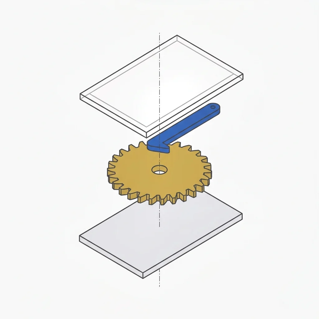 Exploded view of a ratchet wheel with a single pawl arm engaging one tooth between two plates