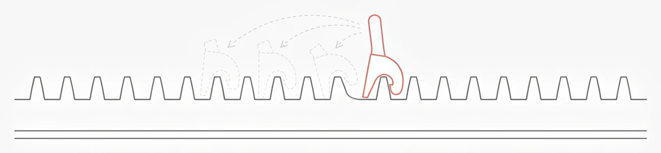 A hooked pawl dropping into one notch of a toothed rack, with ghosted candidates at neighbouring notches