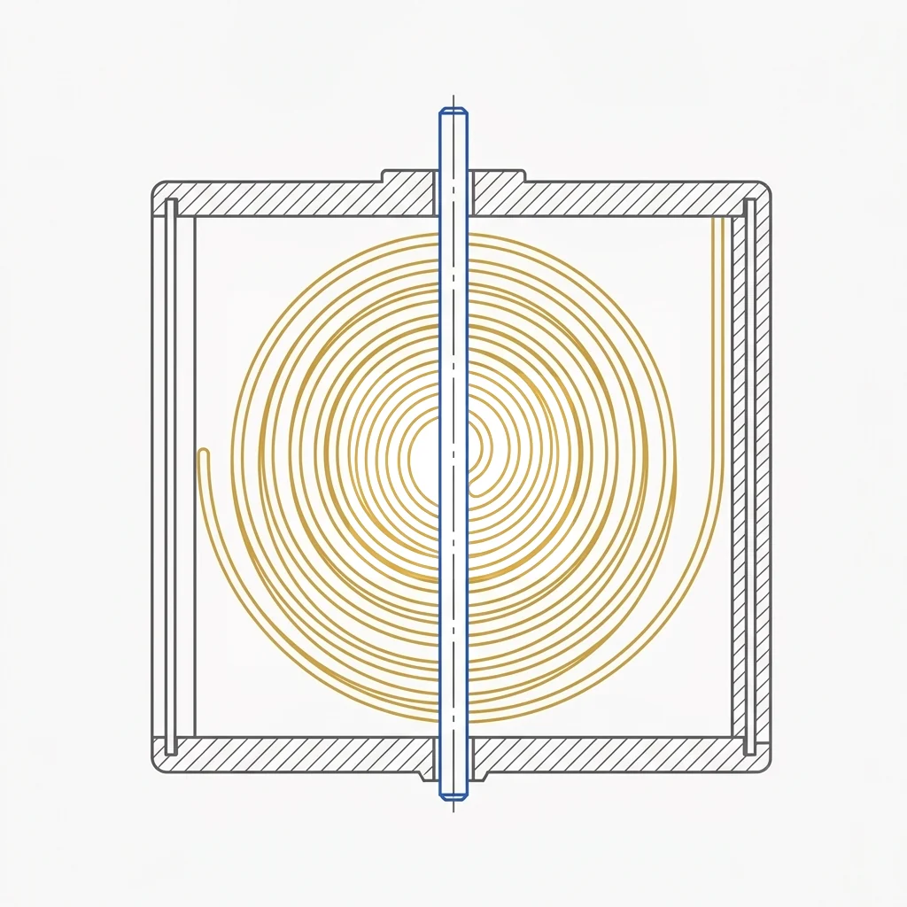Cross-section of a drum holding a wound flat spiral spring on a central arbor