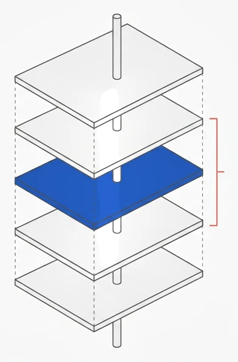 Exploded stack of thin plates with one blue plate braced in red