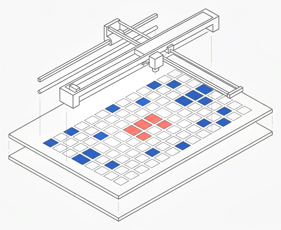 A carriage on rails over a plate of small square cells, some of them filled