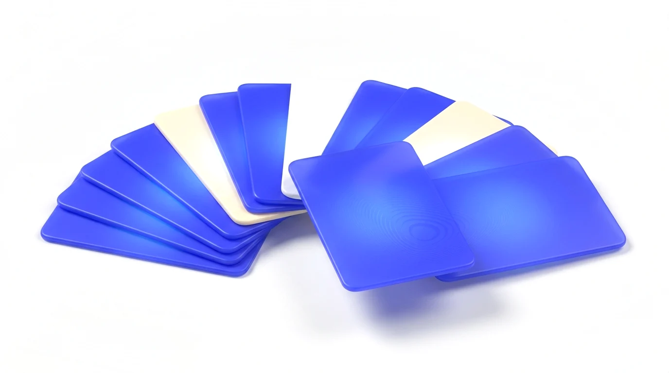 A fanned deck of soft rounded cards, one card lifted out