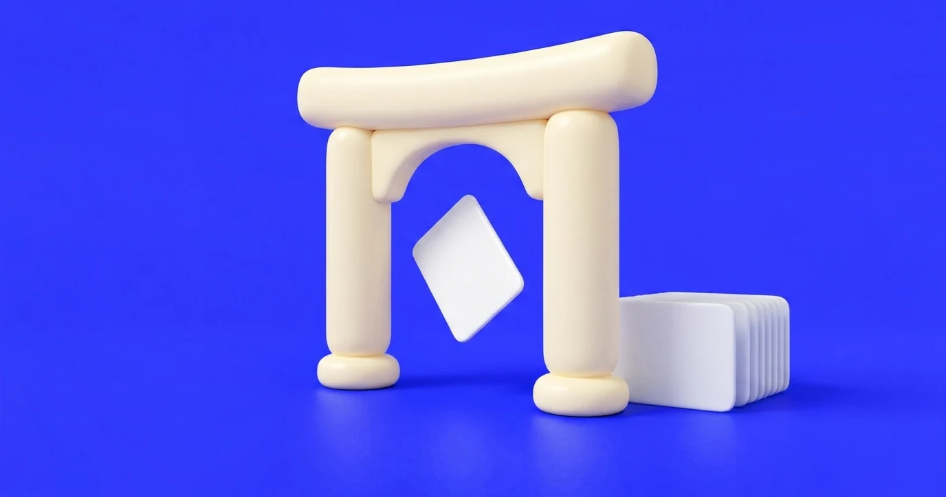 A soft cream gate on a blue field with cards queued to pass through it