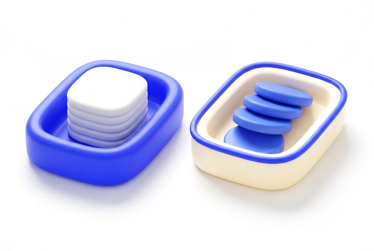 Two soft rounded trays: one stack squared up, one leaning
