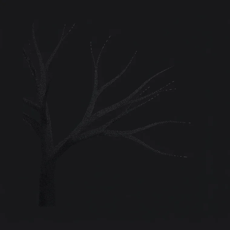 Stippled plotter drawing: a trunk splitting into six limbs