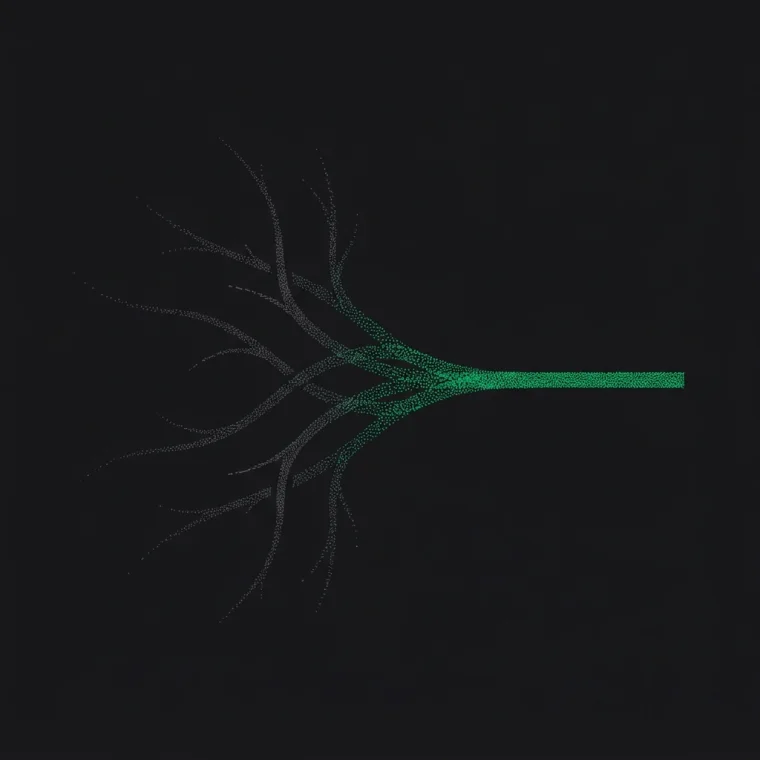 Stippled plotter drawing: six branches rejoining into one green line