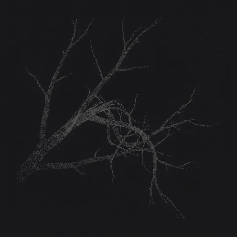 Stippled plotter drawing: a broken limb doubling back and re-growing