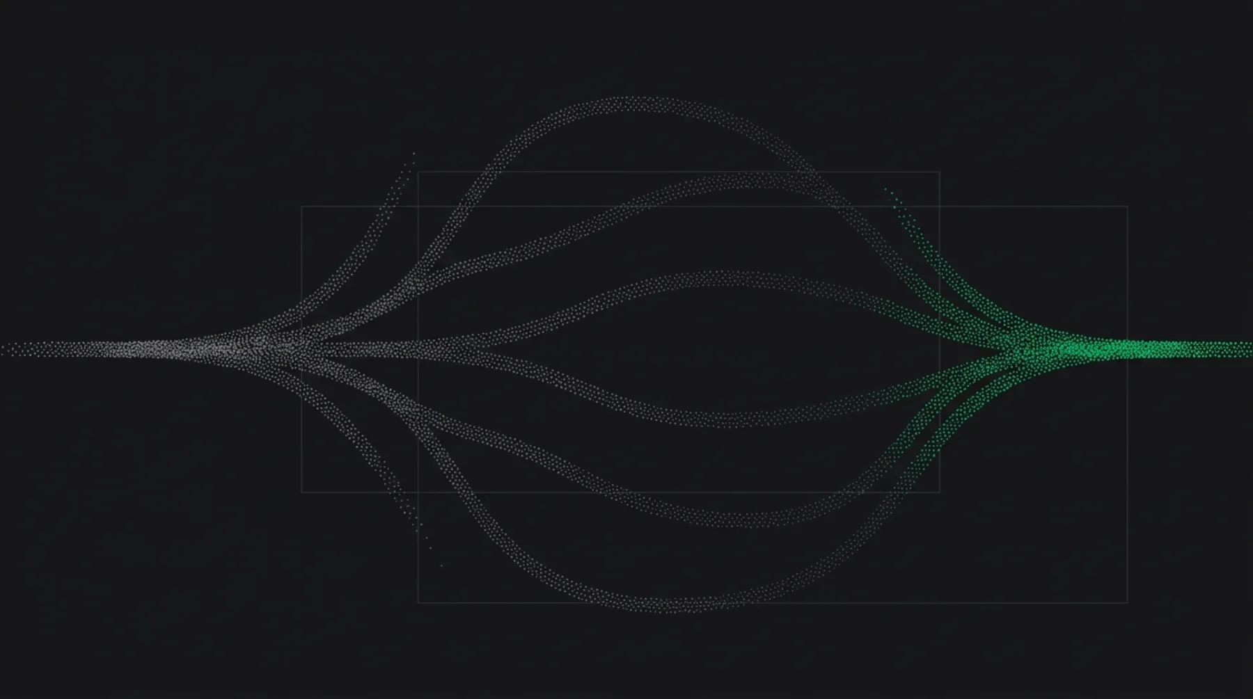 Stippled plotter drawing: one trunk branching into six limbs that reconverge into a single green line