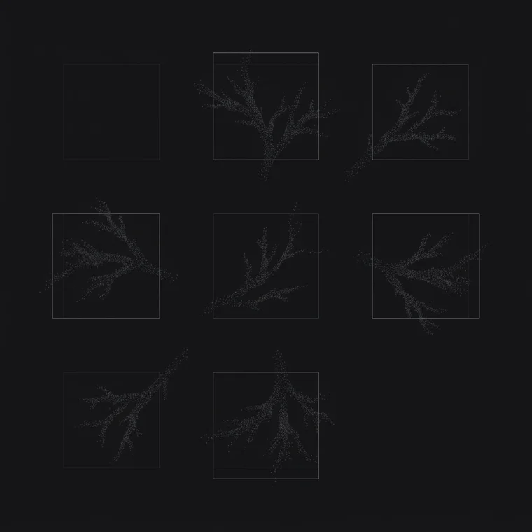 Stippled plotter drawing: six branch clusters each sealed in a hairline enclosure