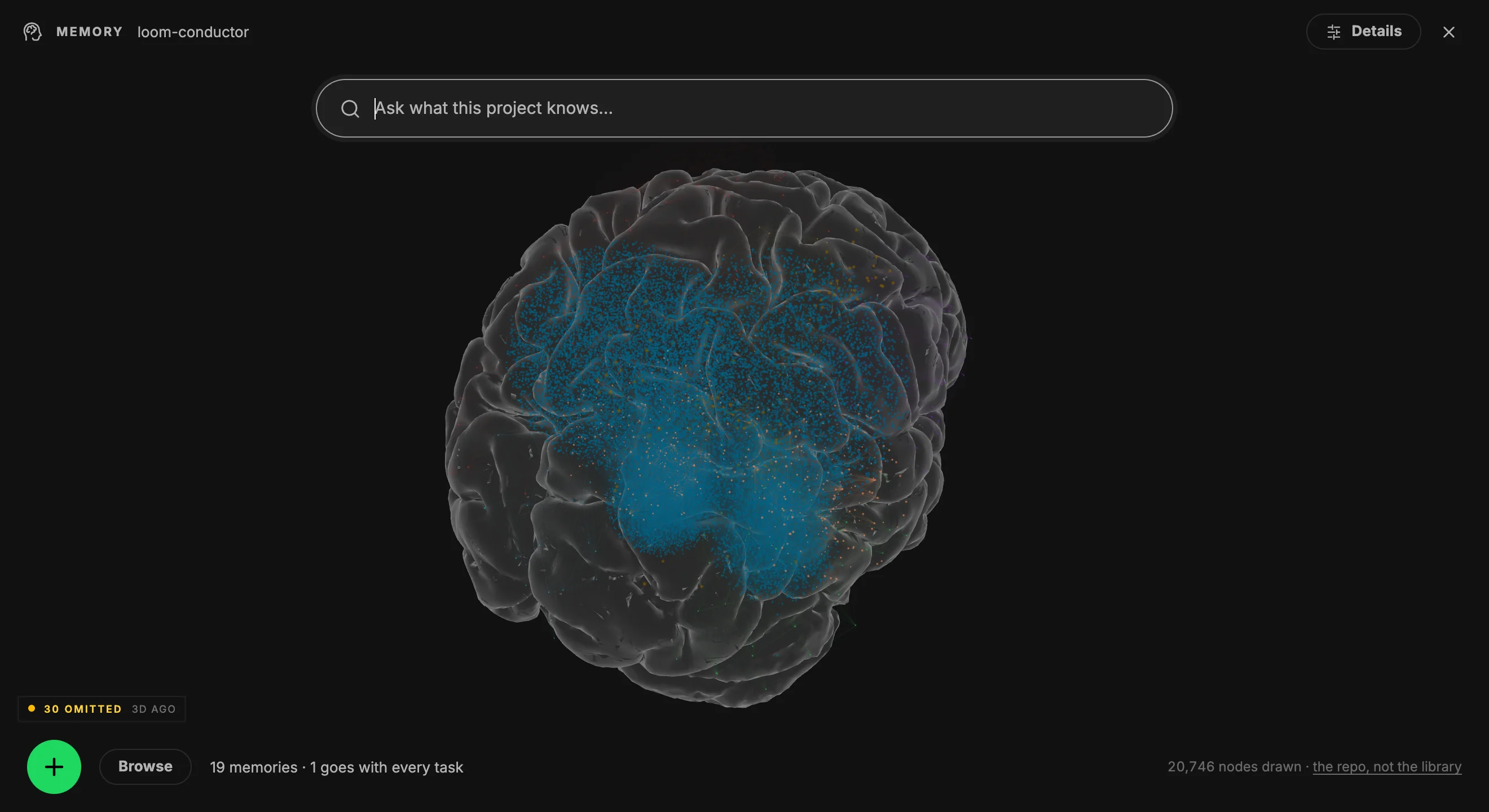 Loom's canon surface: 20,746 nodes of this repository placed in a cortical mesh, memories lit blue