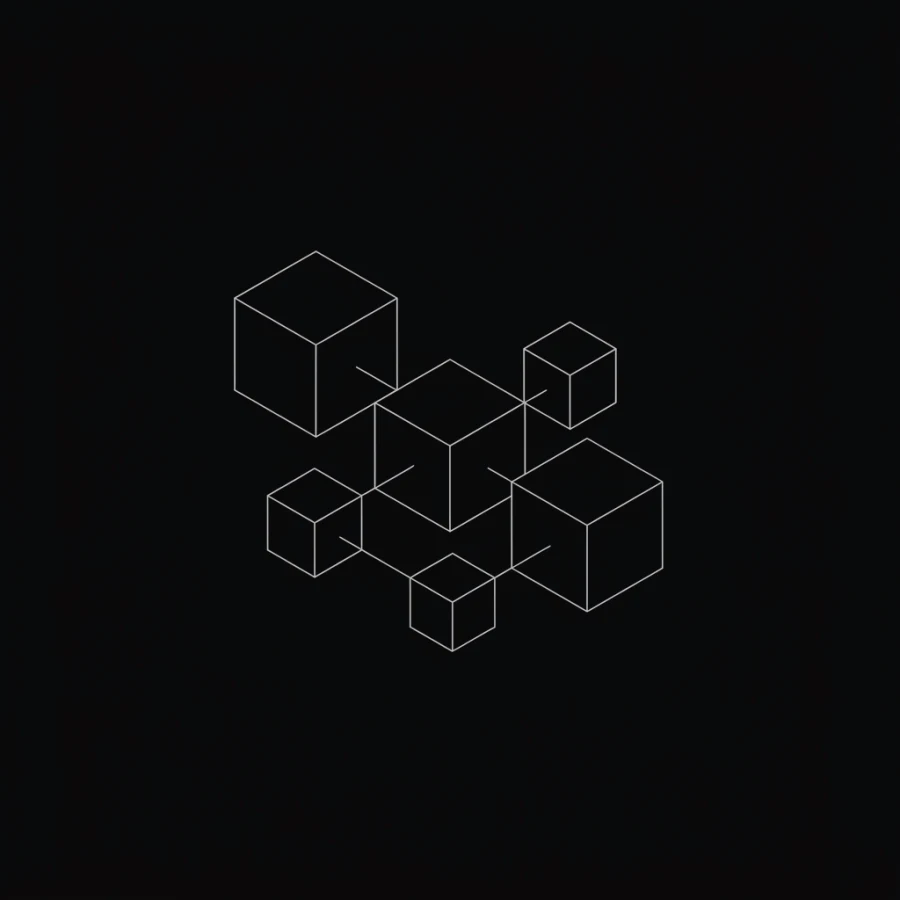 Wireframe cluster of hollow cubes linked by thin edges