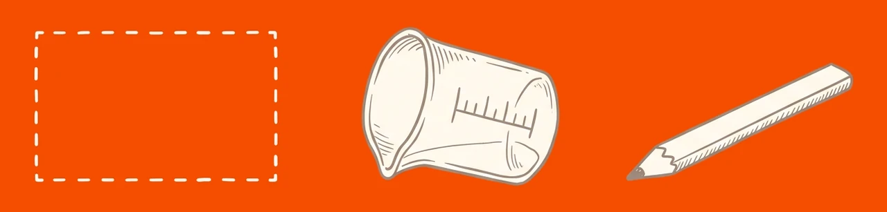 Ink drawing on orange: an empty dashed slot, a tipped-over measuring beaker pouring nothing, and a pencil