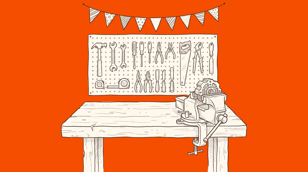 Ink drawing on orange: a finished part clamped in a bench vise, tools on a pegboard, bunting above