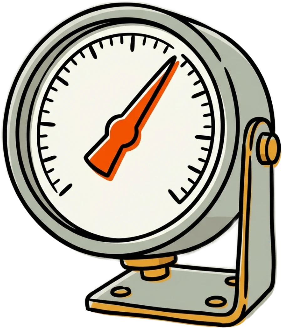 Ink drawing of a dial gauge with the needle past the middle