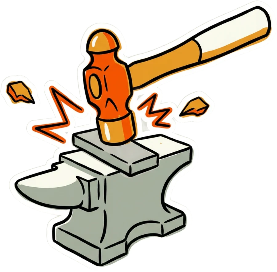 Ink drawing of a hammer striking a test part on an anvil