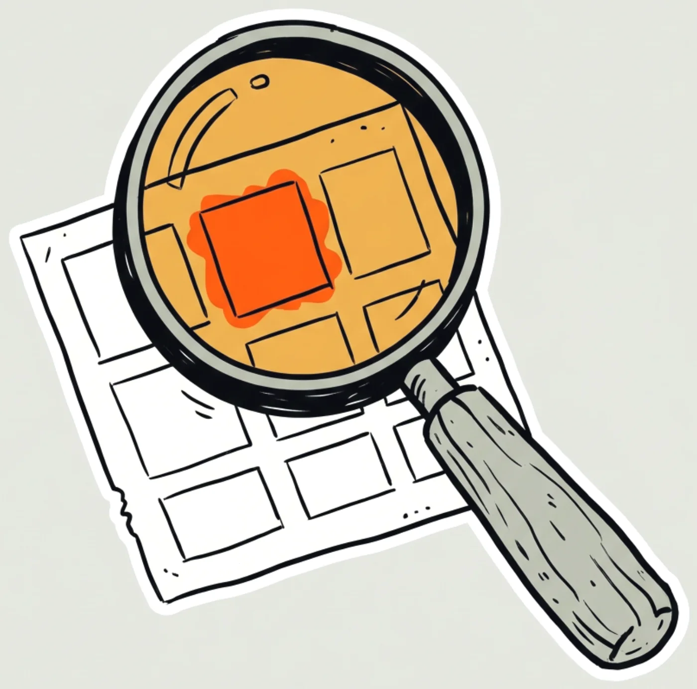 Ink drawing of a magnifying glass over a grid with one cell filled