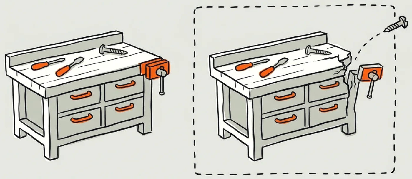 Ink drawing of two identical workbenches, the throwaway copy inside a dashed boundary