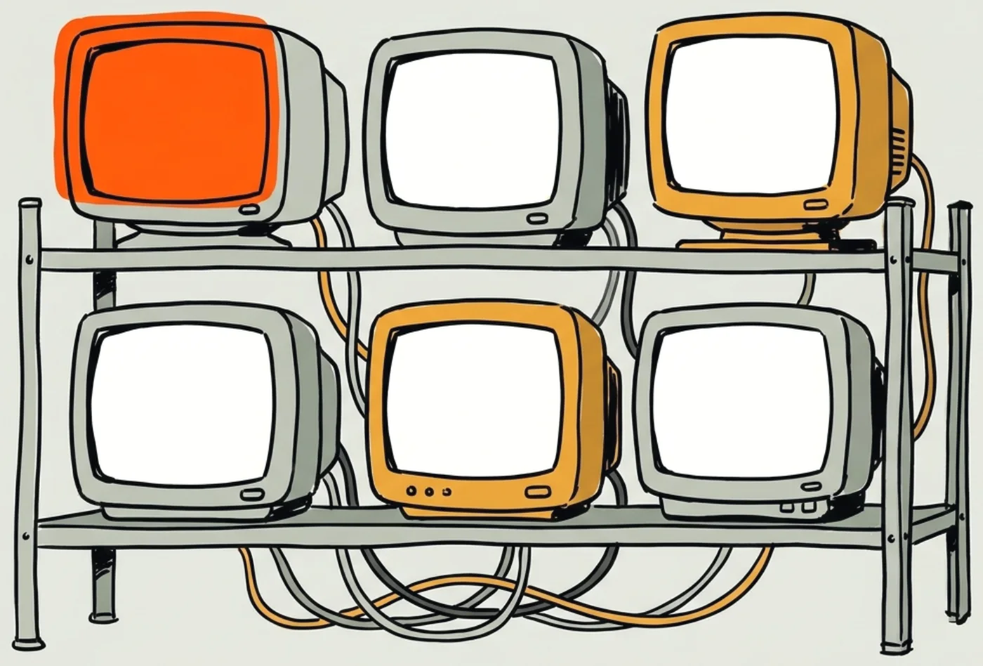 Ink drawing of six CRT monitors on a rack, one lit orange