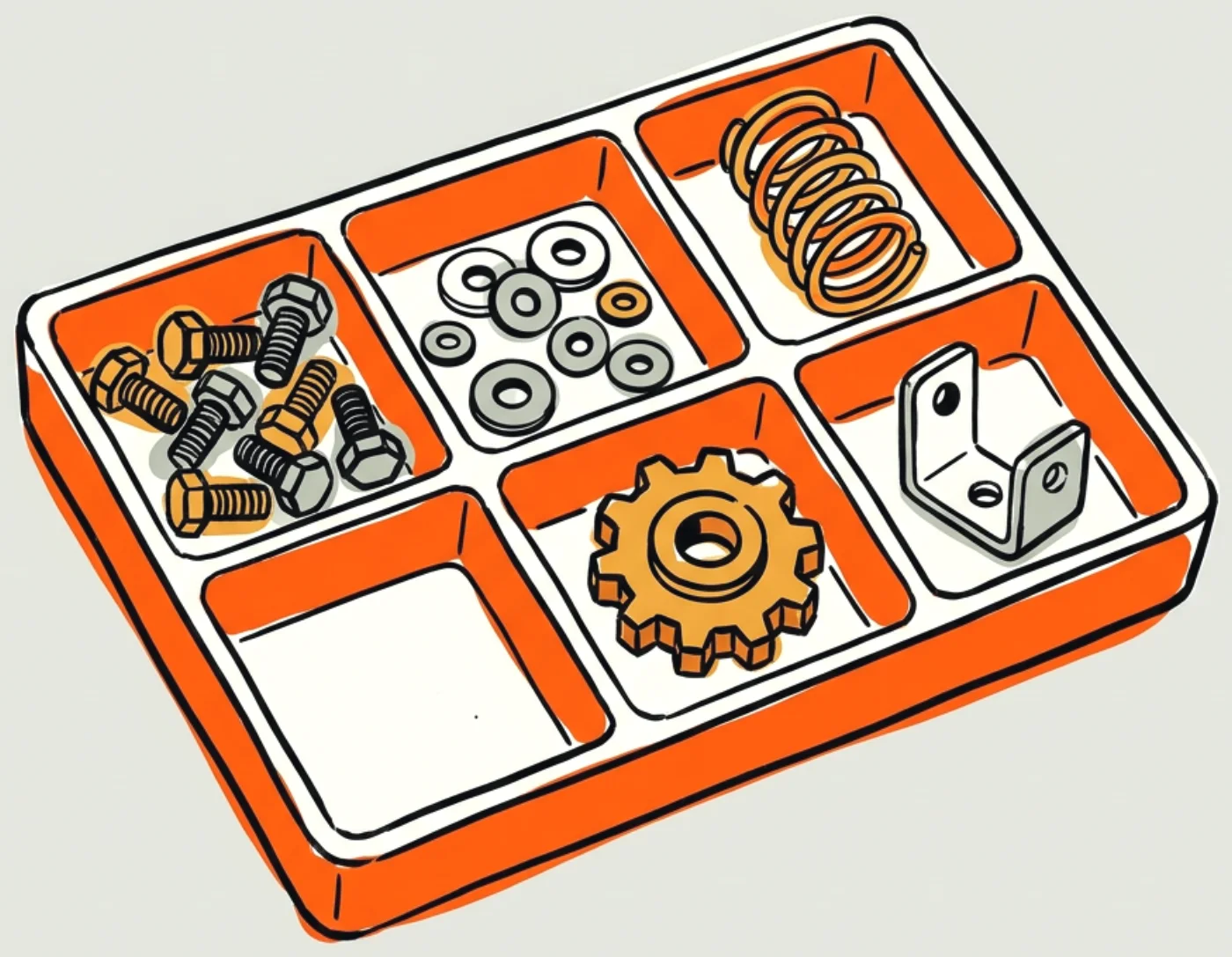 Ink drawing of a parts tray with one empty compartment