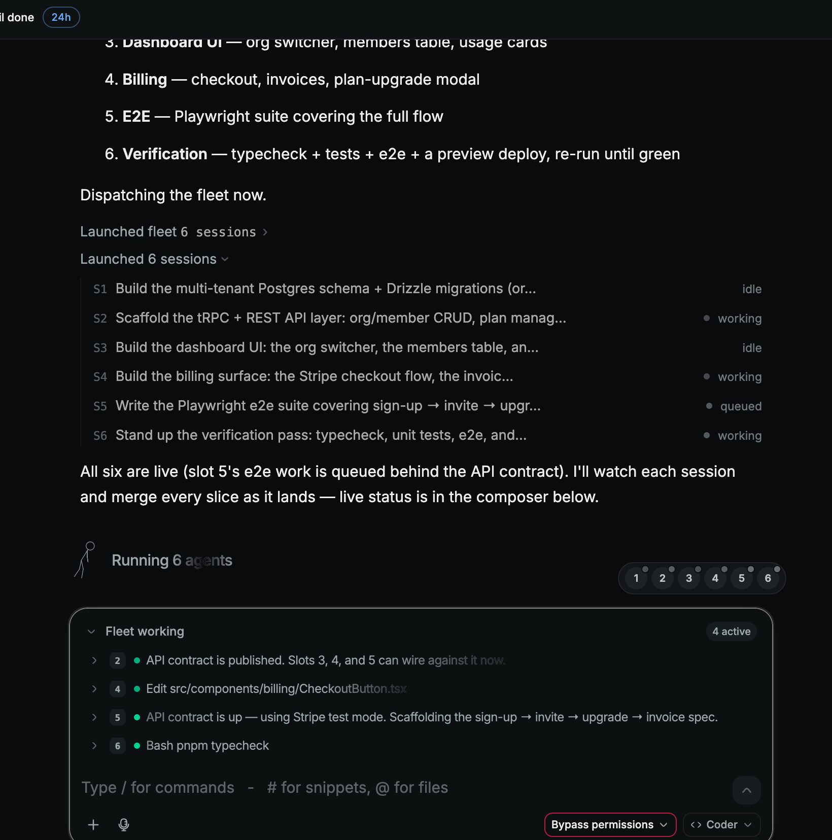 The Loom Conductor chat: it plans a mission, dispatches six sessions, and narrates the work as it lands.