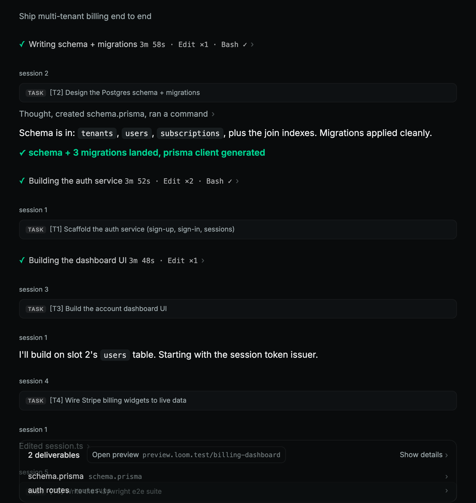 The live fleet thread: each session reporting progress as it works.