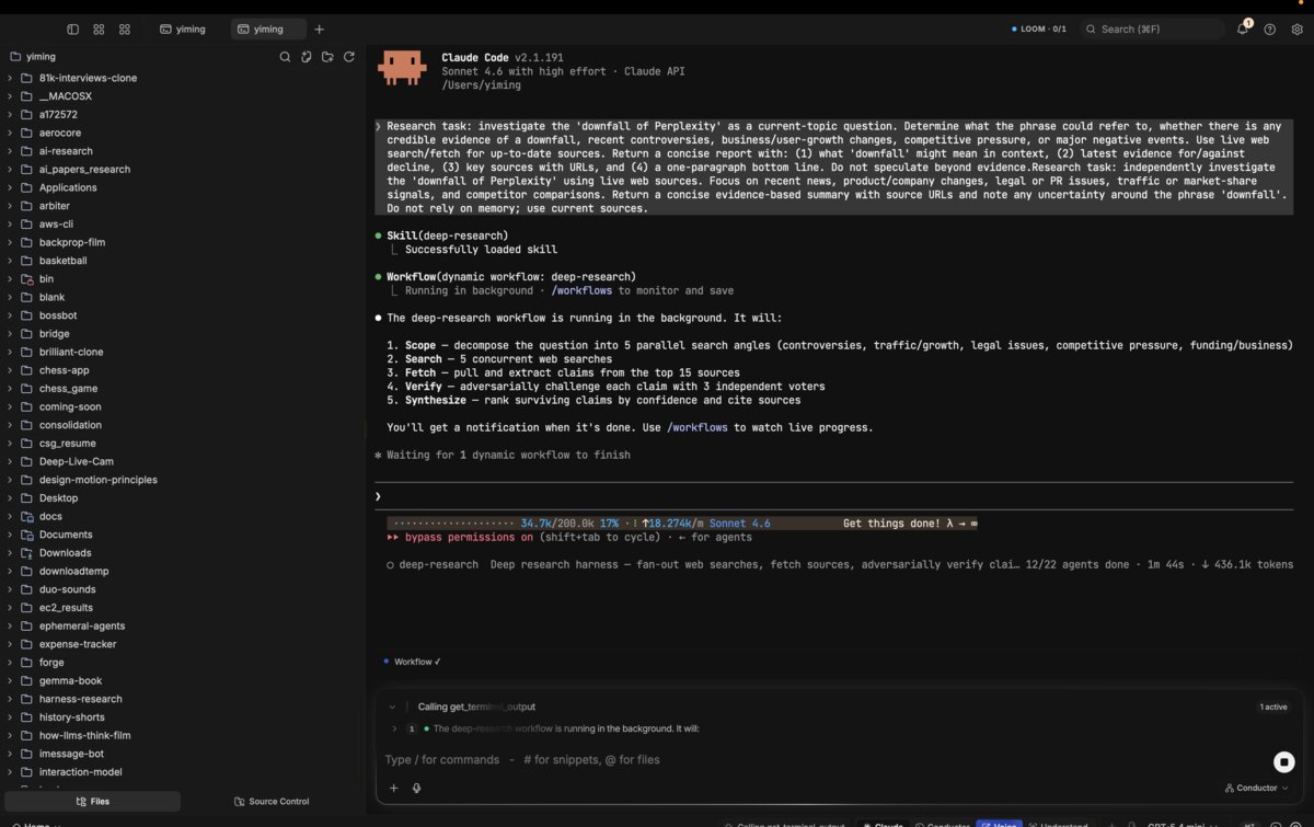 Loom's built-in terminal running a live Claude Code session